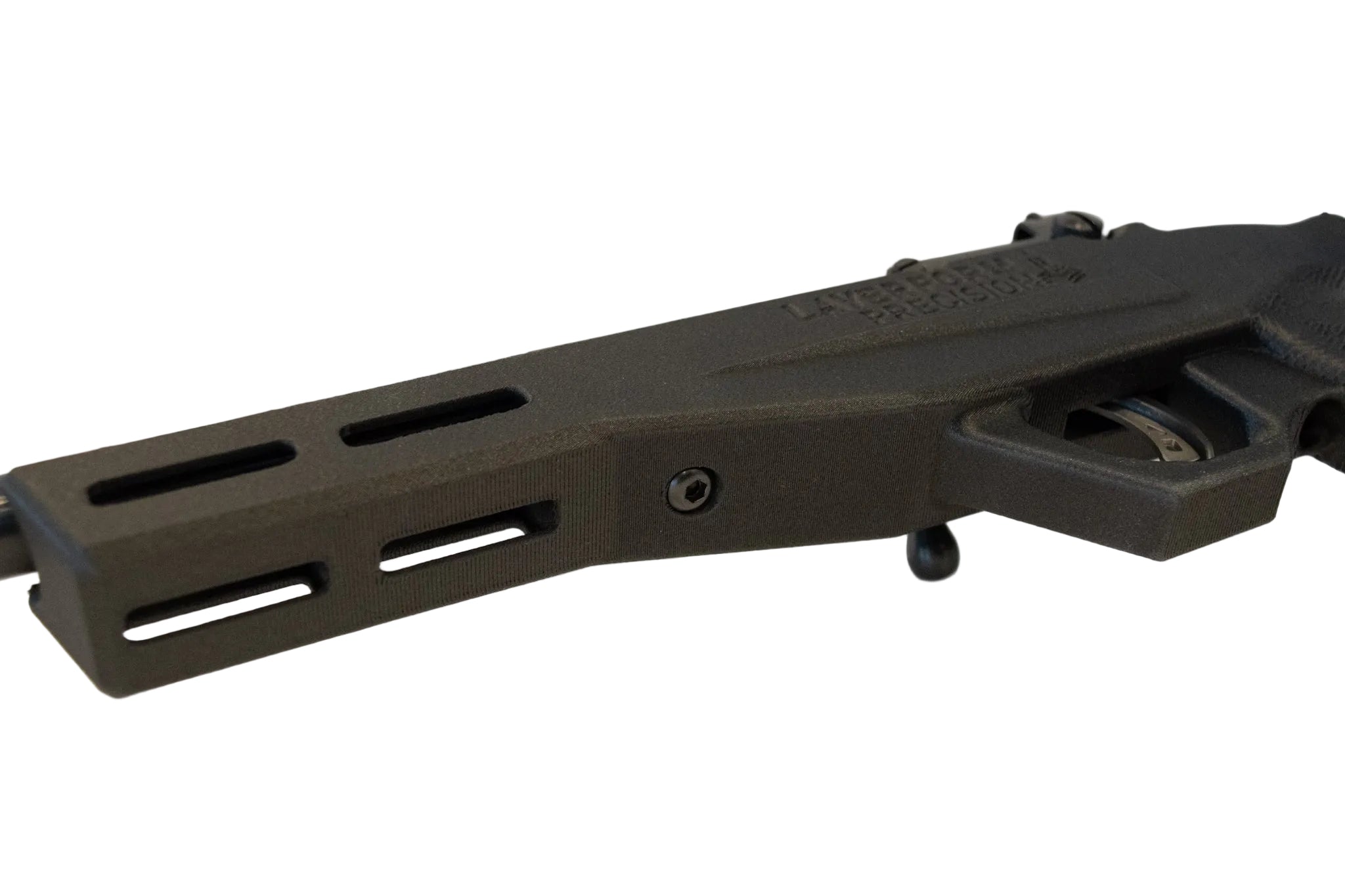 A close-up of a black tactical firearm stock or receiver component with a long vented foregrip attachment, photographed on a clean white background.