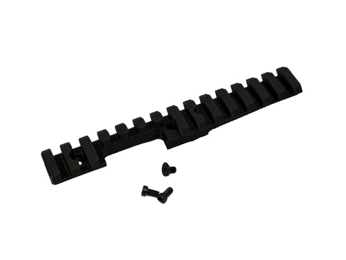 Black picatinny rail with three screws on a white background