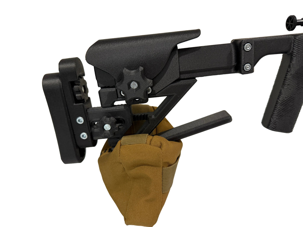 modular rifle stock on shooting bag on white background