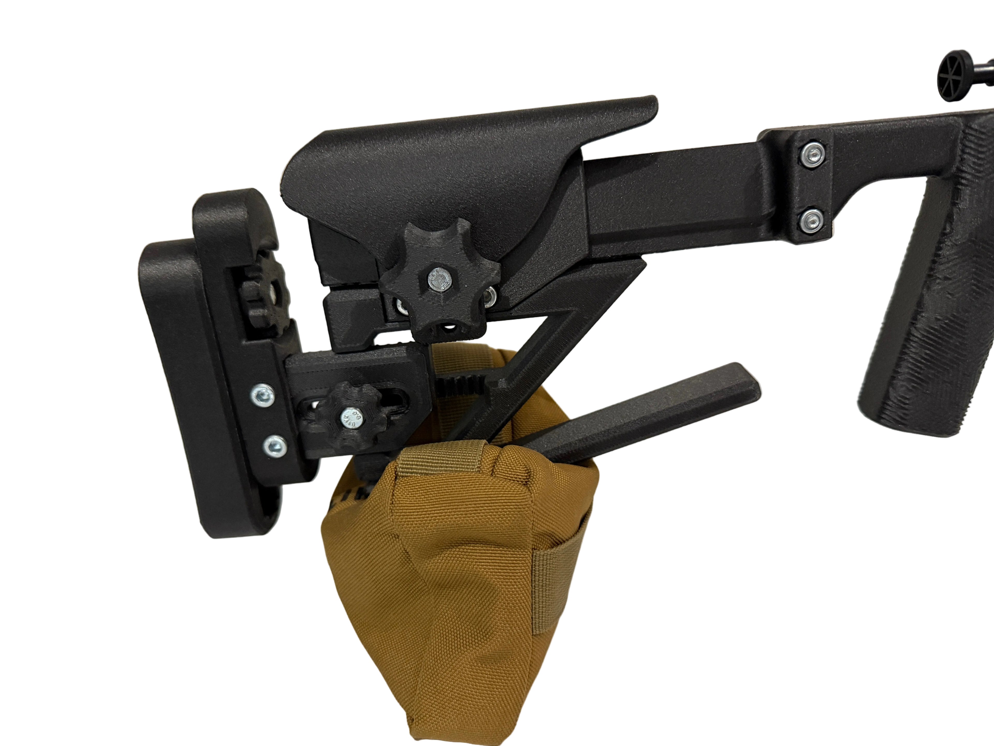 modular rifle stock on shooting bag on white background
