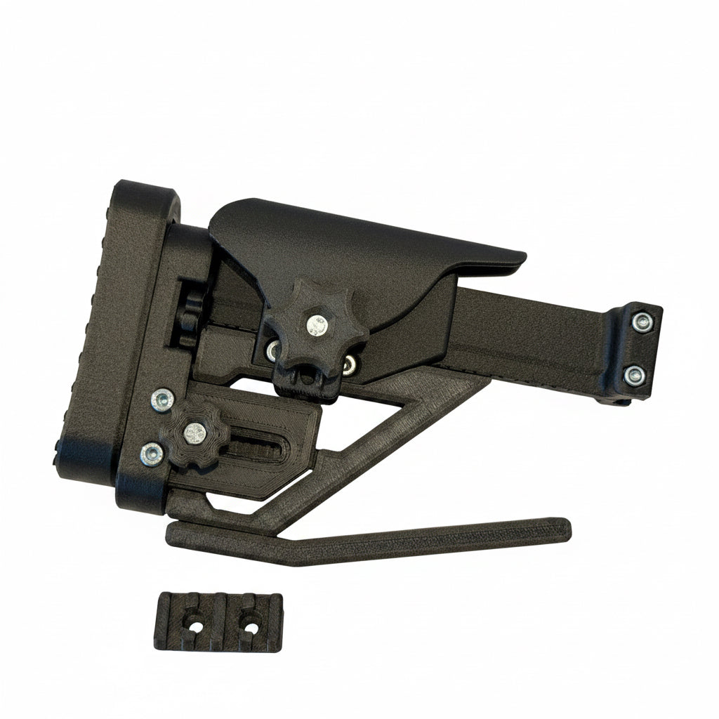 Black adjustable rifle stock on a white background