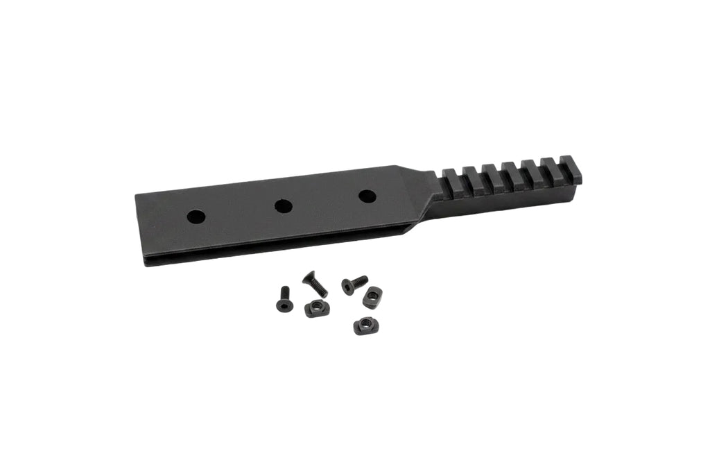 black rail with three screws on white background