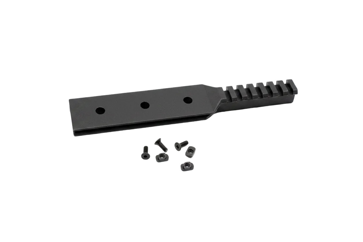 black rail with three screws on white background