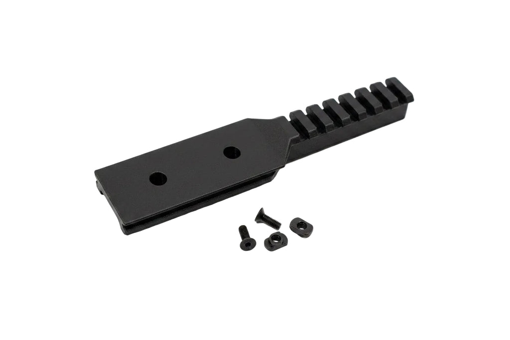 Black rail with attached screws on a white background