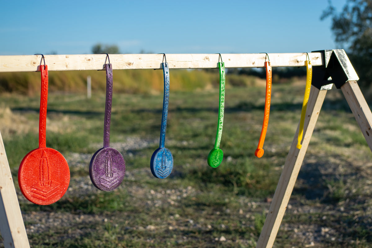 Five colorful circular hanging targets in red, purple, blue, green, and orange are suspended from a wooden frame outdoors on a grassy field under a blue sky.