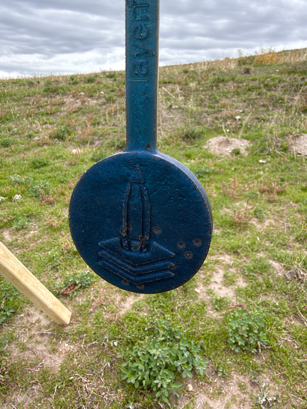 nospark blue hanging target showing the front with healed bullet marks
